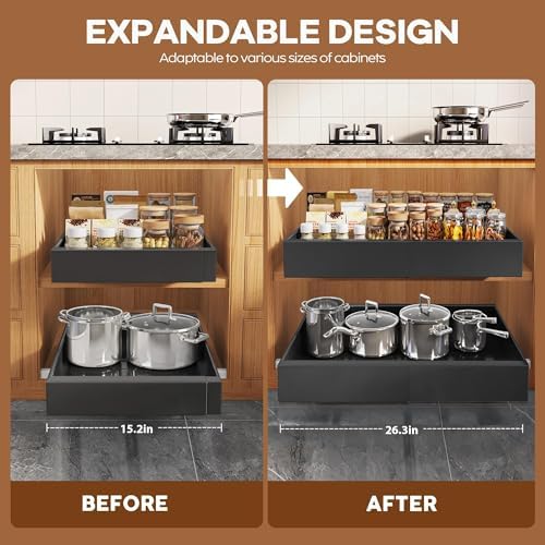 Seinloes 2 Pack Expandable Pull Out Cabinet Organizer 21"Deep With Raising Pad for Framed Cabinets,Upgrade 3 Slide Rails Slide Out Drawers,Roll Out Shelves Adhesive,Adjustable Width 15.15"-26.3" Black - Image 3