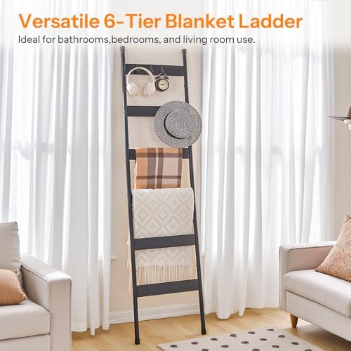 HOOBRO Blanket Ladder, 6-Tier Towel Rack with Hooks, Wall-Leaning Blanket Rack, Decorative Display Ladder Shelf, Scarves, Industrial, Living Room, Bedroom, Black BB66CJ01 - Image 5
