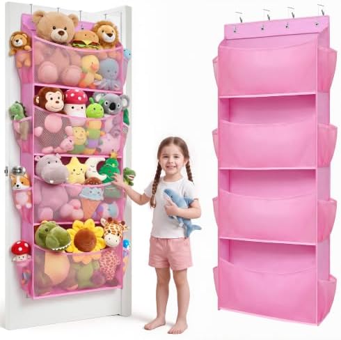 Over Door Stuffed Animal Storage Organizer Large Plush Toy Holder with Mesh Window Pink by ORDOVIBE