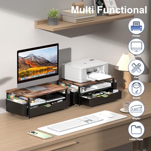 Spacrea Computer Monitor Stand with Drawer and 2 Pen Holders, Wood - Image 5