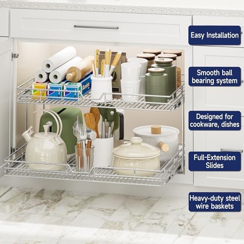 2-Tier Pull Out Cabinet Organizer, 28.5" W x 21.5" D, Heavy Duty Dual Slide Out Shelves for Wide Base Cabinets, Chrome Wire Basket Drawer for Pots, Pans, Pantry & Cleaning Supplies - Image 4