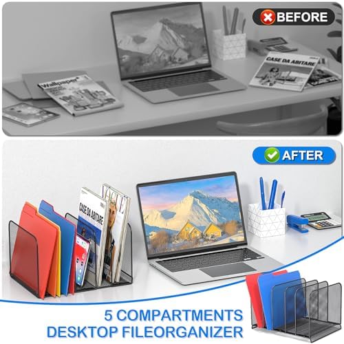 TOPCJ 5 Sections Desk File Holder/Rack/Sorter,Mesh File Organizer,File Folder Organizer,Metal Upright Desktop Organization for Documents,Magazine,Kitchenware,Antiskid,Antirust,Sturdy,2 Packs - Image 2