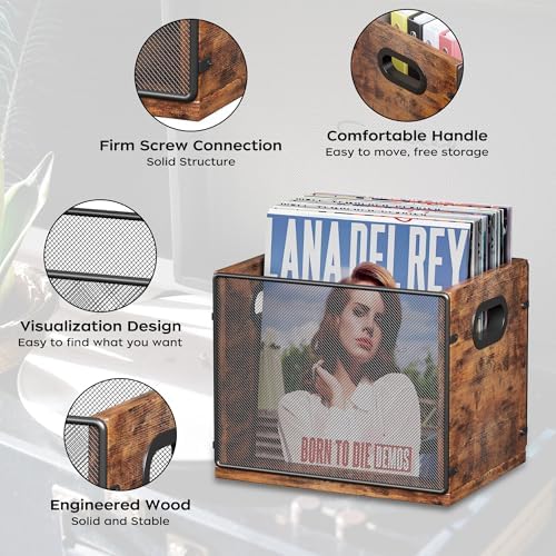 Homeiju Wooden & Metal Record Crate - Vinyl Album Holder & Organizer, Holds Up to 60 Records - Image 4