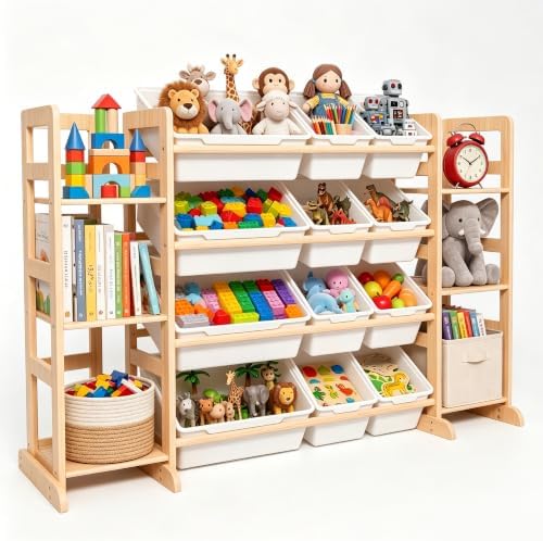 Kiddocood Kids Toy Storage Organizer with 12 Bins, 100% Solid Wood - Natural Finish Montessori Toy Organizer, BPA Free, CPC & TIC Certified Playroom Organization for Living Room & Nursery, 52.3" by Unknown