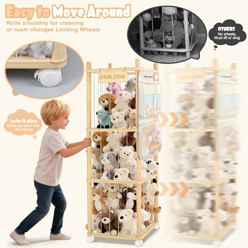 Stuffed Animal Storage Kids, Wood Stuffed Animal Zoo Storage with Brake Wheels, Stuffed Animal Organizer with Elastic Cords for Kids, Perfect for Nursery Playroom Kidroom Bedroom - Image 6