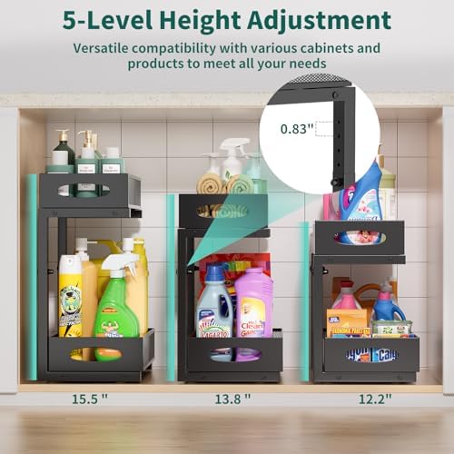 Under Sink Organizer, 1-Pack of 2-Tier Metal Slide Out Pull Out Cabinet Organizer Shelf, Height Adjustable Organization and Storage Series, Bathroom/Desktop/Cabinet/Kitchen organization, Black - Image 3
