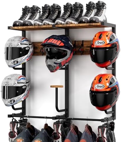 Motorcycle Helmet Rack with 6 J-hooks& 6 Clip Hooks – Wall Mounted Helmet Holder Stand for 6 Helmets, Riding Suits & Accessories, Sturdy Construction Storage Organizer for Entryway or Garage by OMISRUIS