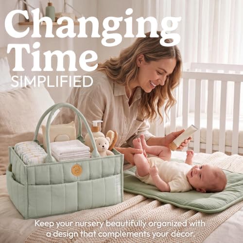 Baby Diaper Caddy Organizer - Portable Diaper Caddy with Handles & Removable Dividers - Large & Quilted Nursery Storage Basket - Changing Table Bag for Car - Baby Shower & Registry Gift - Sage Green - Image 2