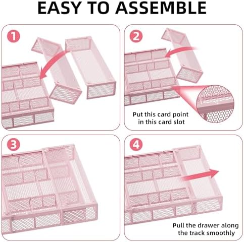 Marbrasse Expandable Desk Drawer Organizer, Mesh Tray with 10 Adjustable Compartments, Desk Organizers for Office Supplies, Makeup & Vanity (Expandable-Pink) - Image 7