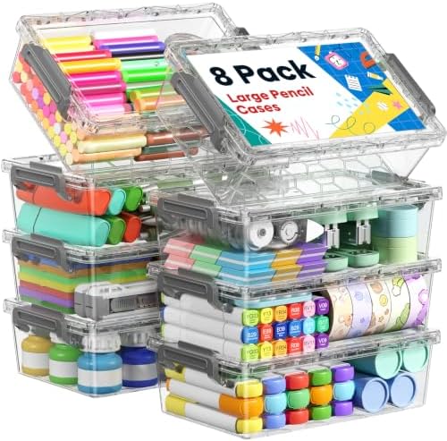 BiuLeon 8 Pack Large Pencil Box Set, Plastic Clear Pencil Case Marker Organizer, Crayon Box Craft Organizers, Stackable Storage Containers with Lid for Pen, Art and Craft Supplies(Grey) by Unknown