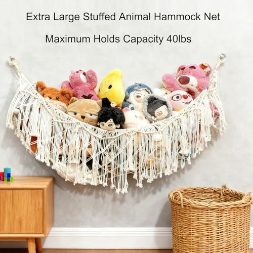 Stuffed Animal Hammock or Net With LED Lights Extra Large Wall Hanging Stuffed Animal Storage Nets for Teddy Bear Handmade Macrame Hanging Toy Net Hammock for Stuffed Animal Storage (Beige) - Image 5
