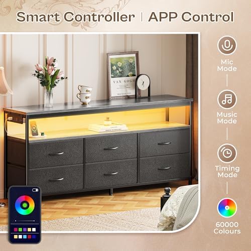 Huuger LED TV Stand for Bedroom, 55 Inch Fabric Dresser with Power Outlets, Entertainment Center for 60, 55, 50 Inch TV, 6 Drawer Dresser for Bedroom, Chest of Drawers with Shlef, PU Leather, Grey - Image 4