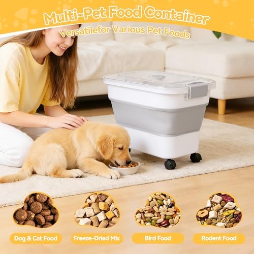 Dog Food Storage Container 25-30lbs, Airtight Pet Food Bin with Transparent Lid, Collapsible Design with Rolling Wheels & Scoop, Space-Saving, Light Gray - Image 6