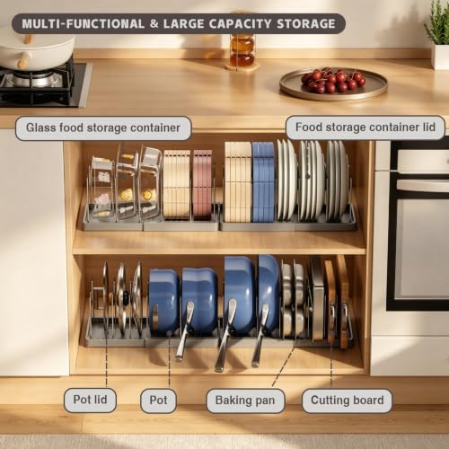 Magheo 1 Pack Expandable Food Storage Container Lid Organizers, 31.3" Pots and Pans Organizer Under Cabinet with 12 Adjustable Dividers Pot and Pan Lid Holders Rack Inside Cabinet(Gray) - Image 2