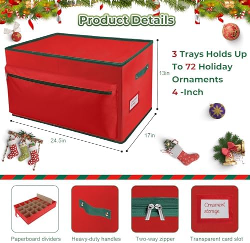 Large Christmas Ornament Storage Box Keeps 72 4" & 3 Individual Trays - Image 3