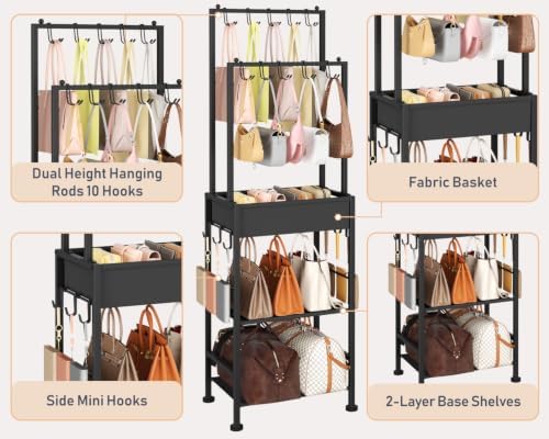 DIMJ Purse Organizer for Closet - Floor-standing Handbag Organizer Rack with 16 Hooks, Purse Storage Shelf Stand for Handbags, Totes, Wallets, Scarves, Bedroom Entryway and Walk-in Closet, Black - Image 4