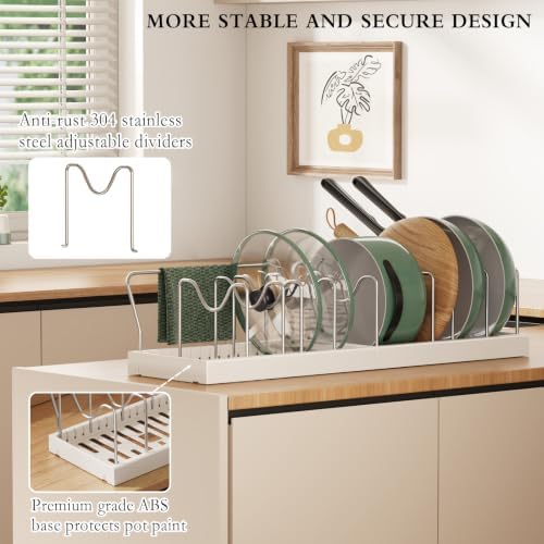 CICUFY 2 Pack Pots and Pans Organizer Under Cabinet, 12"-23" Pot Lid Holder Rack Inside Cabinet with 10 Adjustable Dividers, Pan Lid Organizer with Guardrail For Kitchen Countertop, White - Image 4