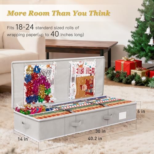 Criusia Gift Wrapping Paper Organizer Storage, Durable Underbed Storage Container Fits 24 Rolls, with Removable Dividers and Pockets for Ribbon, Ornaments, Holiday Accessories, Grey - Image 5