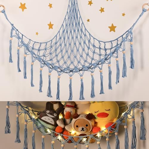 Stuffed Animal Toy Storage Hammock with LED Light-Macrame Jumbo Doll Room Organizer Mesh Decoration-Hanging Storage Nets Kids Bedroom(Blue Beads) by TCGPRO