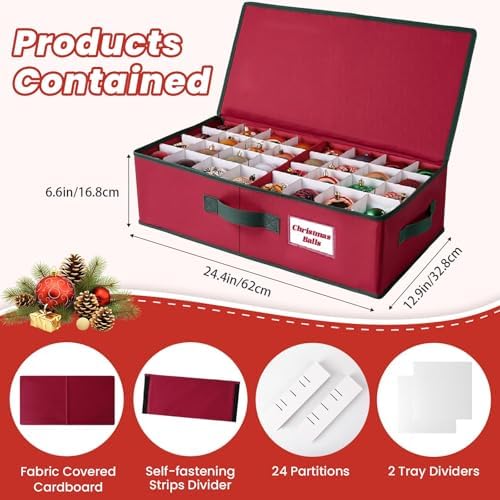 BlessedSeason Christmas Ornament Storage Box -Stores Up to 64 3” Balls, Holiday Ornaments Storage with Adjustable Dividers, Visual ID Window, Dual Zipper, Handles, Stackable, Foldable Fabric Organizer - Image 3