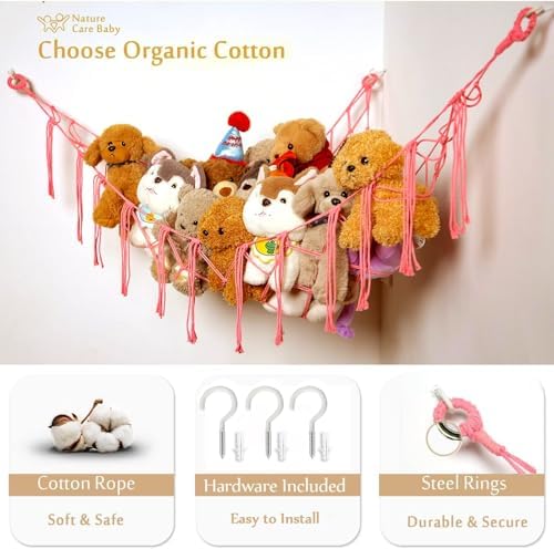 YKBU Stuffed Animals Hammock Corner Hanging Net Macrame Stuffed Animal Storage Plush Toy Holder Toy Organizer for Boho Nursery Playroom Bedroom Kids Room (pink, m) - Image 4
