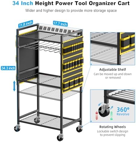 JUNNUJ Power Tool Organizer Cart with Charging Station, 6 FT Cord, Yellow - Image 5