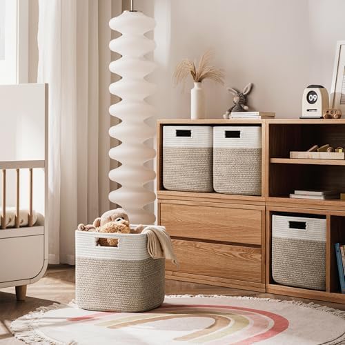 UBBCARE Set of 4 Storage Cubes-13 X 13 X 13 In, Cotton Rope Basket for Shelves, Toys, Book, Cube Storage Bin with Handles, Woven Storage Basket for Organizing, White/Brown - Image 5