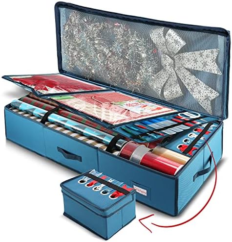 Hearth & Harbor Wrapping Paper Storage Container - Christmas Storage Bag with Ribbon Dispenser and Interior Pockets - Gift Wrap Organizer Fits Up to 26 Rolls of 40" Length, Blue by HearthHarbor