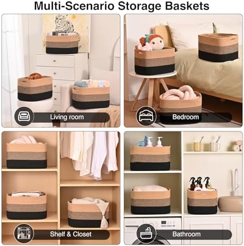ICERZCZ Storage Baskets for Organizing Shelves, Decorative Baskets for Storage, Woven Cotton Rope Basket for Living Room Bedroom Nursery, 15"x11"x9.5", 3 Packs, Gradient Black & Jute - Image 5