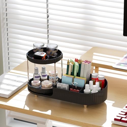 Makeup Organizer Countertop for Vanity with 2 Rotating Perfume Trays, 5-Compartment Skincare Organizers and Make Up Desk Storage, Cosmetic Organizer with Brush Holder for Bedroom Bathroom Counter - Image 5