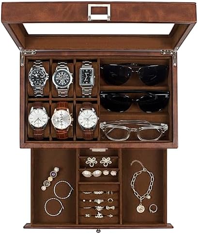 GUKA Watch box, 6 Slot Watch Case, 3 Slot Sunglass Organizer, Watch Cases for men with Real Glass Lid, Watch Organizer storage with Jewelry Case, Birthday for Men and Women, by GUKA