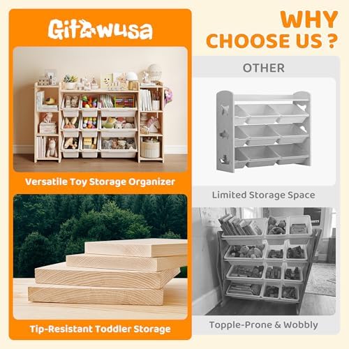 GITAWUSA Toy Storage Organizer, Kids Bookshelf with 6 Shelves, 9 Toy Bins & 6 Hooks | Toy Shelf, Storage Bin Unit, Toy Organization for Playroom, Nursery, Bedroom, Toddler Room, White, 57''W - Image 3