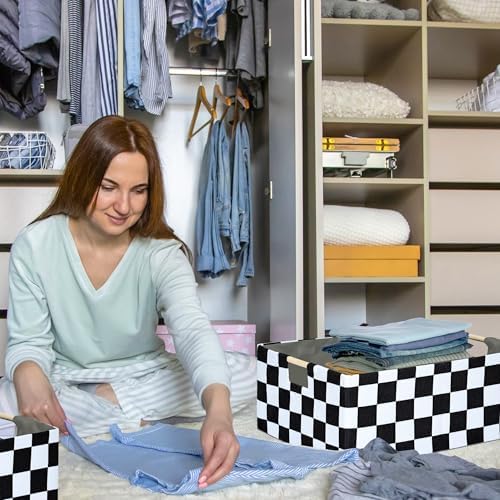 Black White Checkered Storage Basket with Wooden Handles, 16.5 x 12.2 x 6.7 Inch Fabric Organizer Bin for Shelves, Closet, Bedroom and Living Room, 1 Pack - Image 3