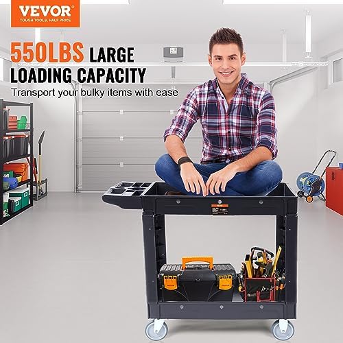 VEVOR Utility Service Cart, 2 Shelf 550LBS Heavy Duty Plastic Rolling Utility Cart, Medium Lipped Shelf, 360° Swivel Wheels, Ergonomic Storage Handle for Warehouse Garage, Black - Image 2