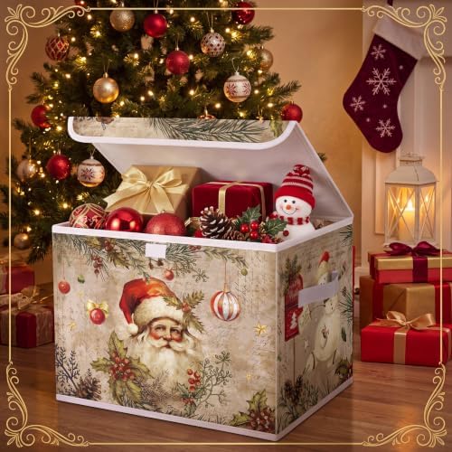 Briwooody Vintage Christmas Storage Bin with Lid and Carrying Handle Retro Santa Claus Foldable Storage Box Large Xmas Decorative Collapsible Container Basket for Organizing Closet Home Bedroom Gift - Image 4