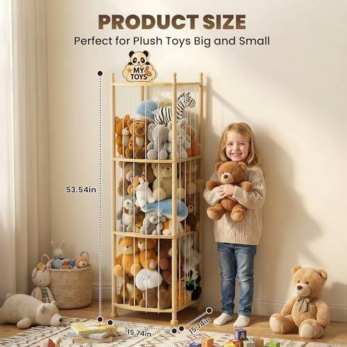 Stuffed Animal Storage Organizer, Wooden Toy Storage Organizer & Plush Storage Tower with Elastic Cords, Stuffed Animal Zoo for Kids Bedroom, Playroom & Nursery, Solid Pine, 15.7 x 15.7 x 53.5 In - Image 3