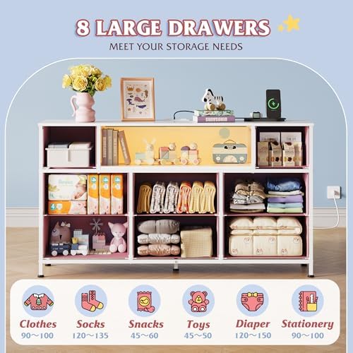 WLIVE LED Dresser TV Stand for 55 Inch TV, 8 Fabric Drawers, Pink Dresser - Image 4