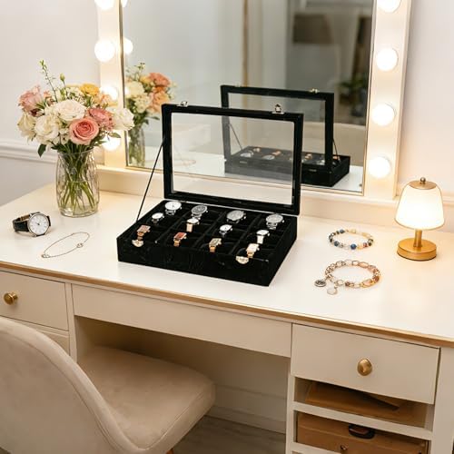 Watch Box Organizer Bracelets Storage Display Case Holder, Black 12-Slots - Image 3