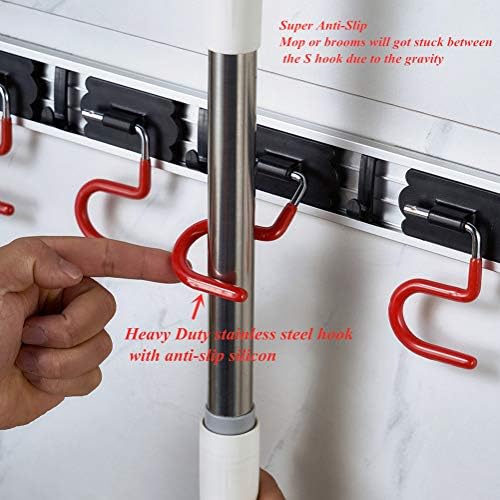 Wall Mounted Mop and Broom Holder Stainless Steel S Type Broom Rack Anti-Slip Mop Organizer (17 Inches,4 Positions 3 Hooks, Red black) - Image 3