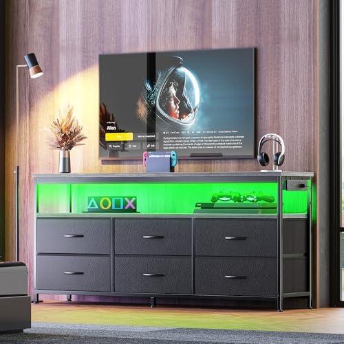 Huuger LED TV Stand for Bedroom, 55 Inch Fabric Dresser with Power Outlets, Entertainment Center for 60, 55, 50 Inch TV, 6 Drawer Dresser for Bedroom, Chest of Drawers with Shlef, PU Leather, Grey by Huuger