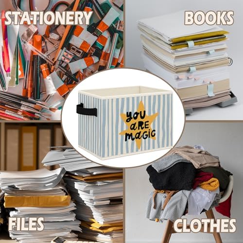 Boho Nursery Foldable Storage Bins Box with Handles, You Are Magic Retro Blue Striped Collapsible Toys Books Clothes Organizer Basket for Kids Nursery Room Bedroom Bathroom Classroom - Image 6