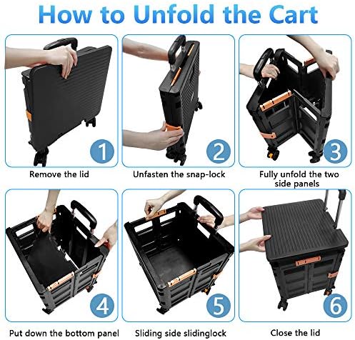 Foldable Utility Cart Portable Rolling Crate Handcart Shopping Trolley Collapsible 4 Rotate Wheels with Durable Heavy Duty Plastic Telescoping Handle for Travel Shopping Moving Storage Office Use - Image 5