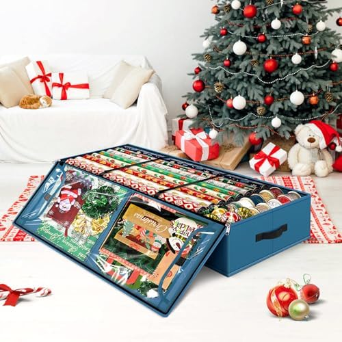 Fabspace Christmas Wrapping Paper Storage Containers, 40 Inch Gift Wrap Organizer, Visible Supplies Pockets for Xmas Accessories, Underbed Storage for Christmas Decorations, Blue - Image 6