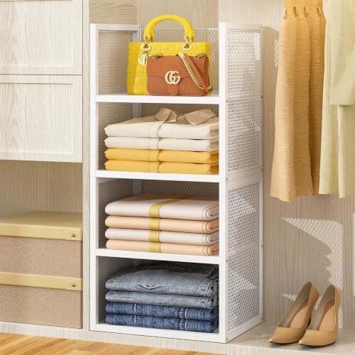 DAOUTIME 4-Tier Stackable Closet Organizers and Storage Basket, Wire Closet Shelf Organizer, Sweater Storage Oragnizer Bins, Multifunctional Clothes Storage Drawer Organizer for Wardrobe, White by DAOUTIME