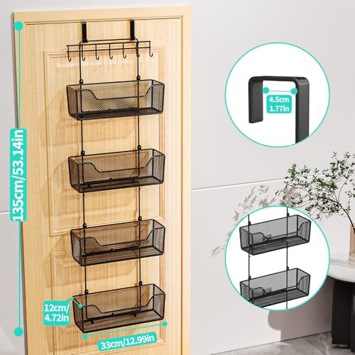 HapiRm Over The Door Organizer - Hanging Door Organizer with 4 Metal Large Capacity Baskets and Adjustable Coat Hook for Bathroom Bedroom Kitchen Pantry Closet Cabinet - Image 3