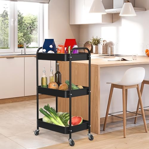 3-Tier Rolling Cart, Metal Utility Storage Carts with Wheels, Black - Image 6