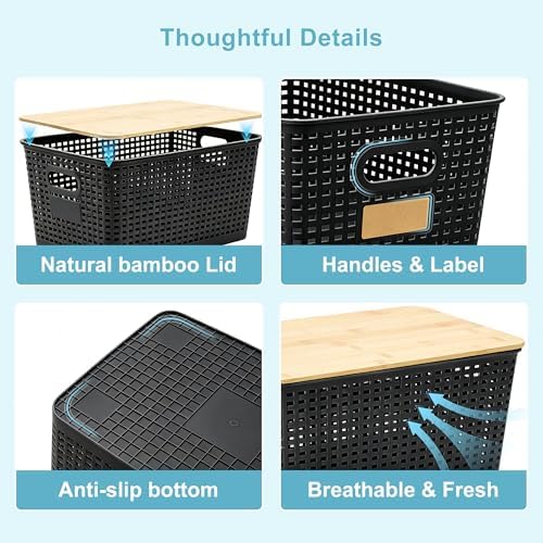 Bagnizer 2 Pack Tall Plastic Storage Bins with Bamboo Lids, 10.8qt Stackable Storages Baskets for Organizing Desktop Closet Playroom Classroom Office, 12"L x 8.3"W x 6.1"H, Black - Image 4