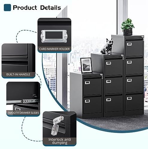 MIIIKO 3 Drawer File Cabinet, Black Metal Vertical Filing Cabinet with Lock, Home Office File Folders Storage Cabinet for Letter Legal A4 File Size - Image 4