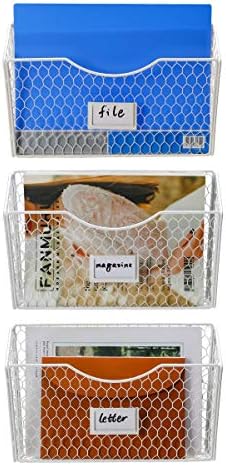 PAG-Mass 3 Pockets Hanging File Holder Wall Mount Mail Organizer Metal Chicken Wire Magazine Rack with Tag Slot, White by PAG