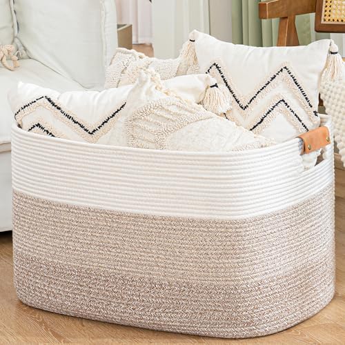 danpinera 108L Large Blanket Basket for Living Room, Woven Storage Basket with Leather Handles, Cotton Rope Storage Organization in Nursery for Toys & Clothes 25 ''* 16 ''*16 '', Gradient Brown by danpinera